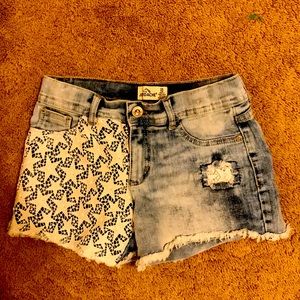 Blue jean shorts with star print, size 10 kids